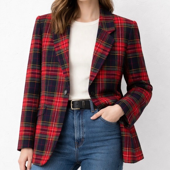 Haberdashery Jackets & Blazers - VTG 90s Tartan Plaid Blazer Womens 20W Red Navy Academia Preppy Jacket 
Wool